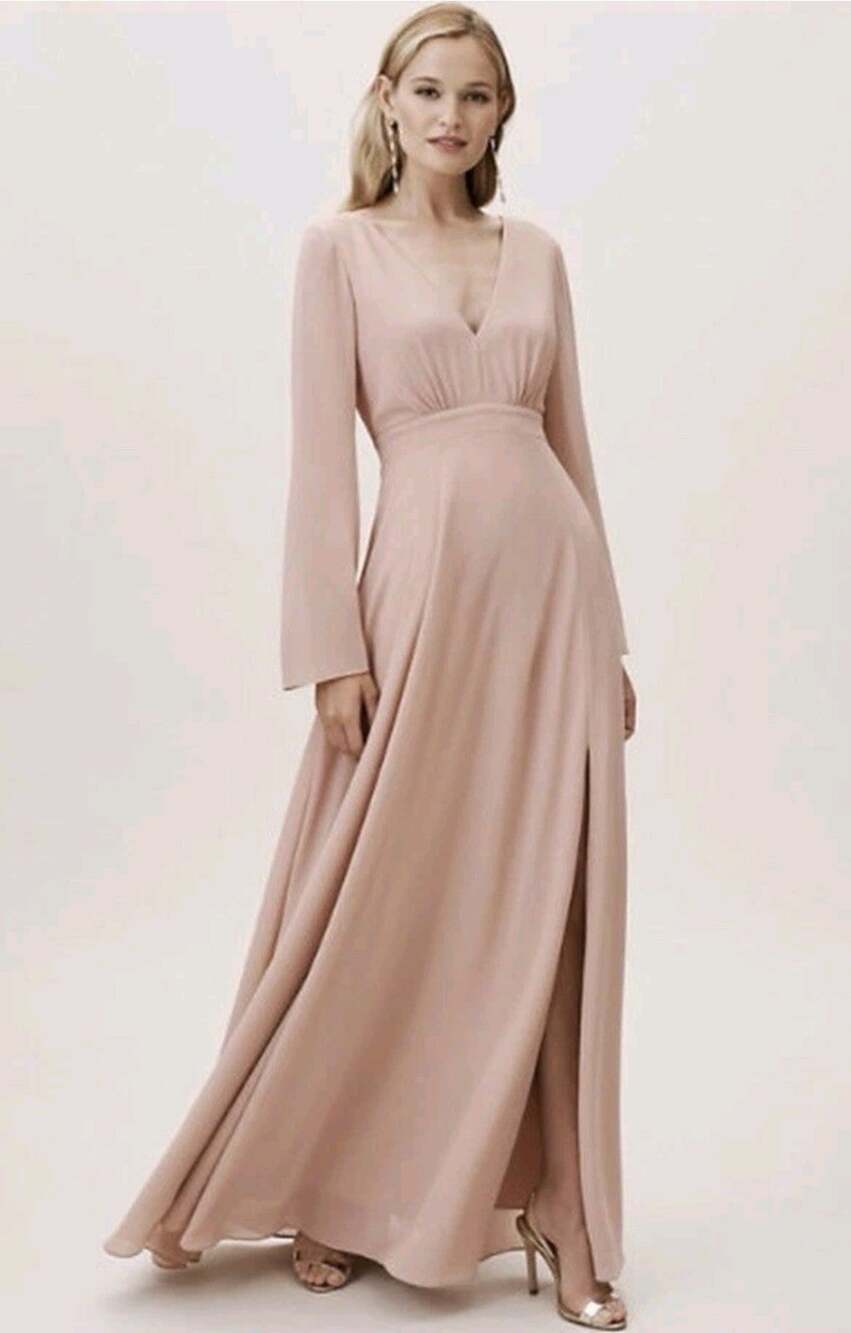 $330 BHLDN Anthropologie Doria Blush Pink V-Neck Chiffon Maxi Dress Flutter Sz 8